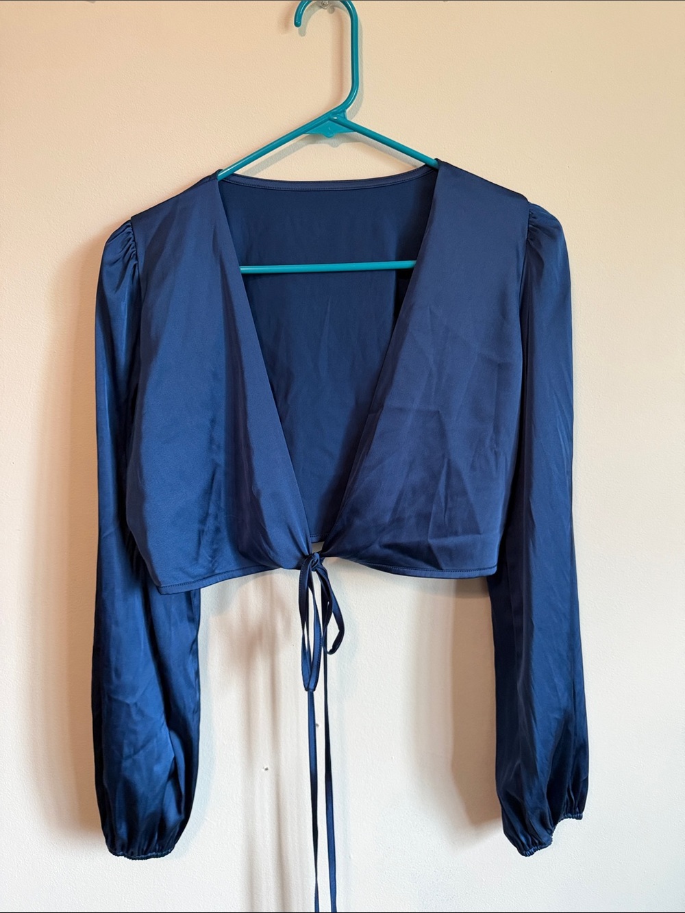 Navy Tie-Front Long Sleeve Crop Top